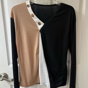 SHEIN Colorblock Button-Accent Long Sleeve Top - Black, Tan, White